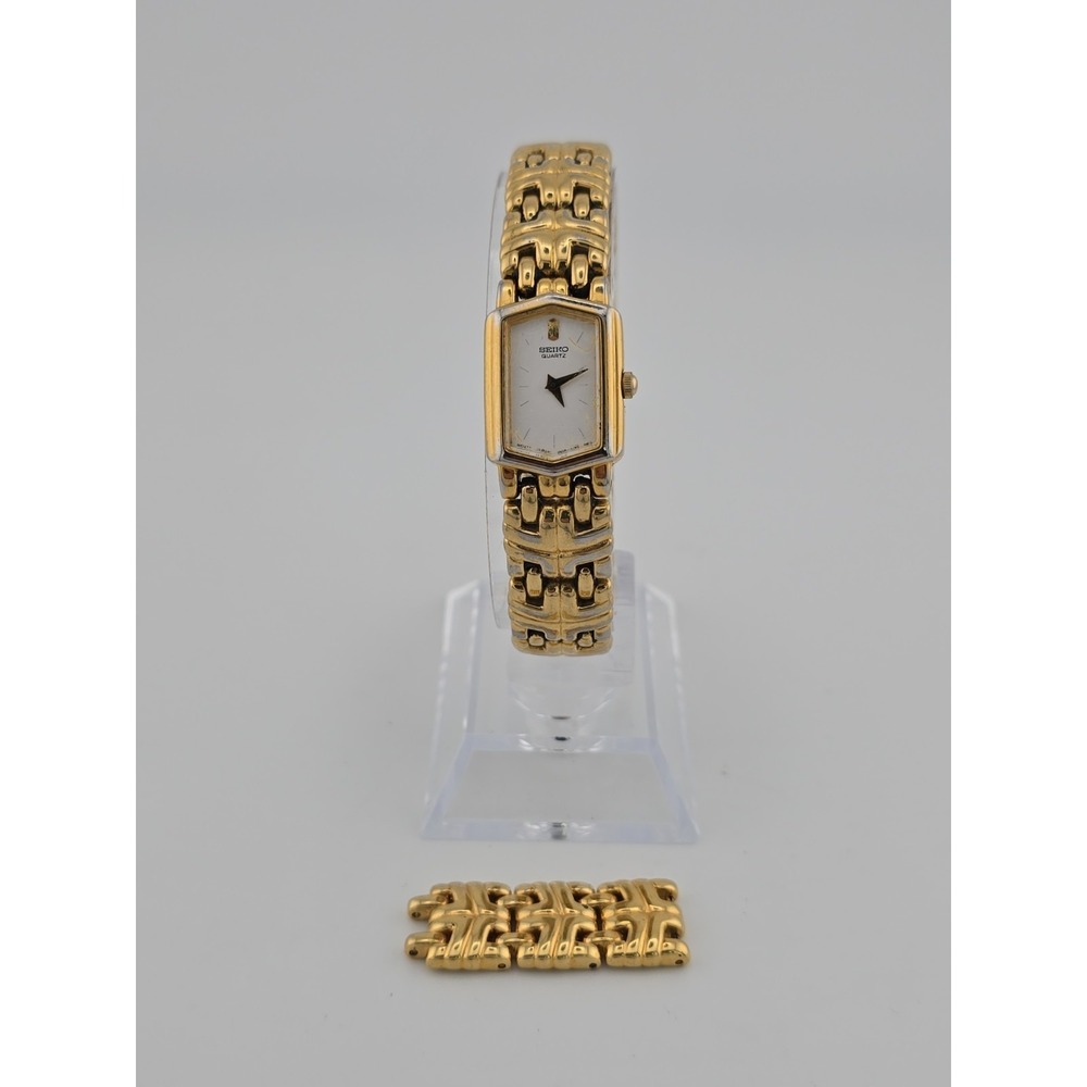 Seiko Tank Watch Women 16mm White Dial Gold Tone Rectangle 1N00-6B10 New Battery